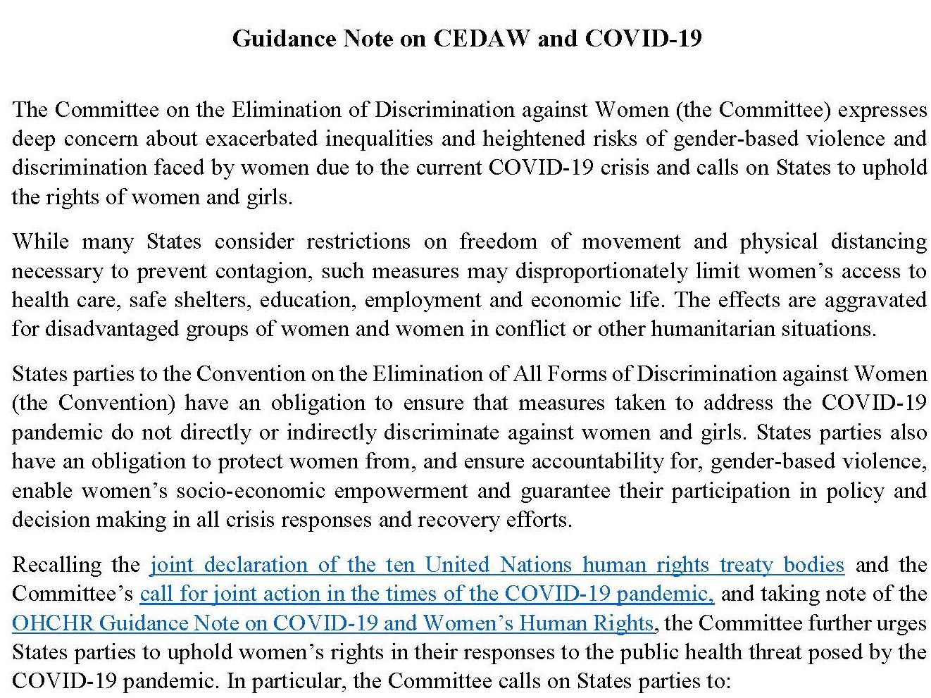 CEDAW and COVID-19 OHCHR Guidance Note 